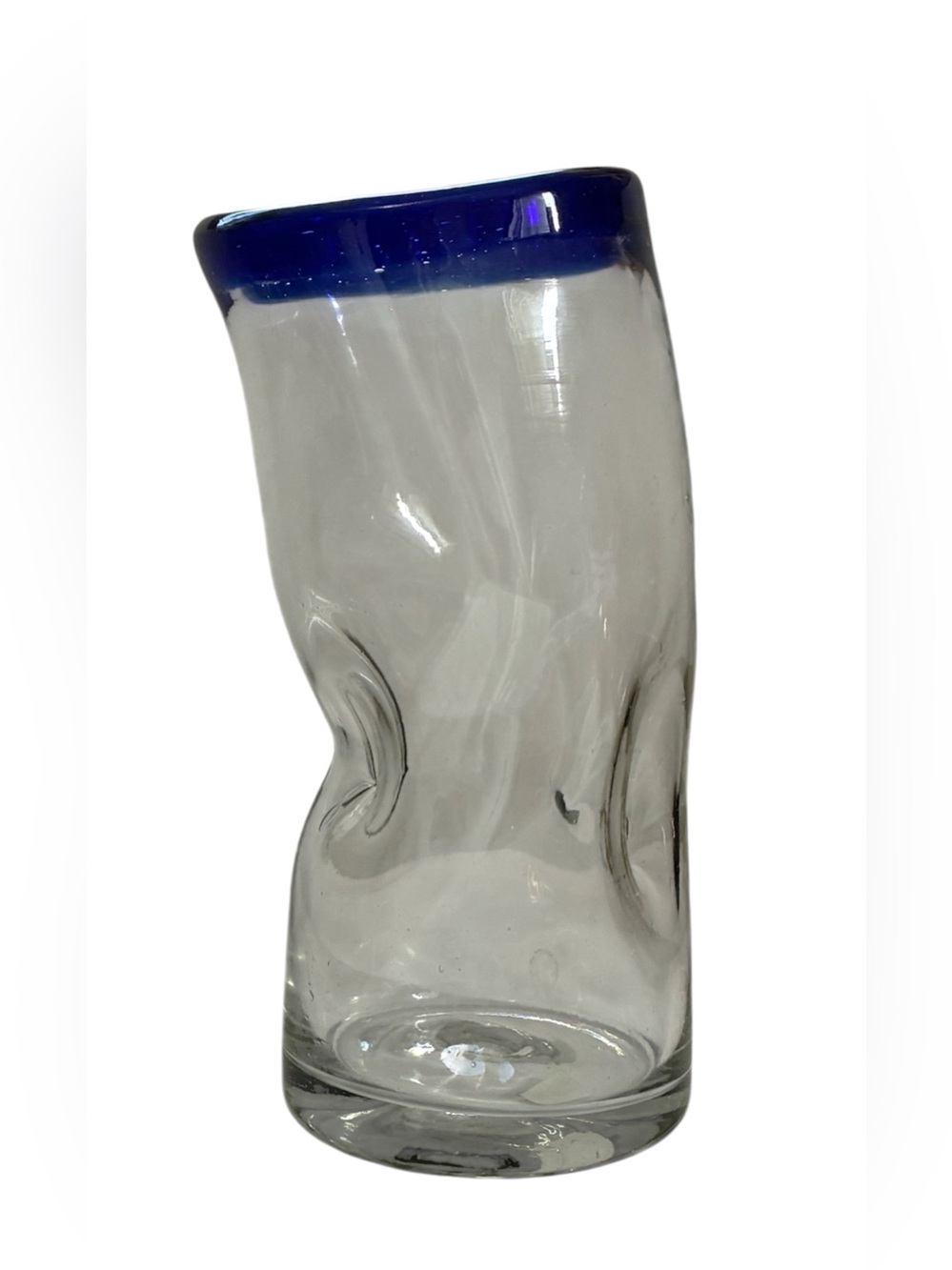 MEXICAN DRINKING GLASS HAND BLOWN BENT COBALT BLUE RIM TRADITIONAL
